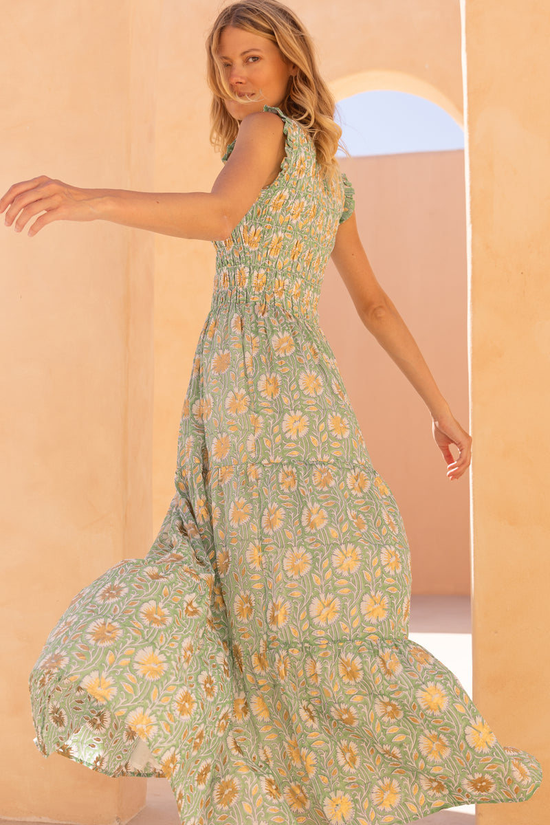 Sleeveless Smocked Maxi- Mughal Green