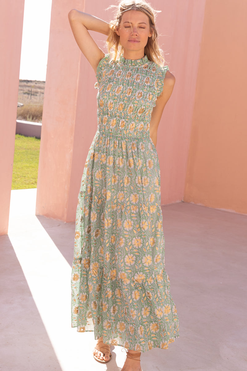 Sleeveless Smocked Maxi- Mughal Green