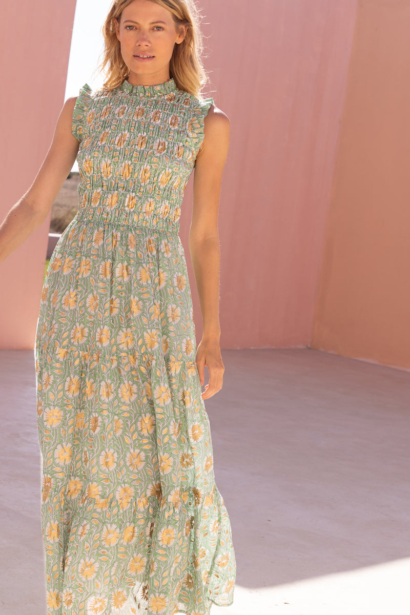 Sleeveless Smocked Maxi- Mughal Green