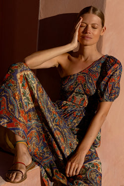 Puff Sleeve One Shoulder Smocked Maxi- Persia Cobalt