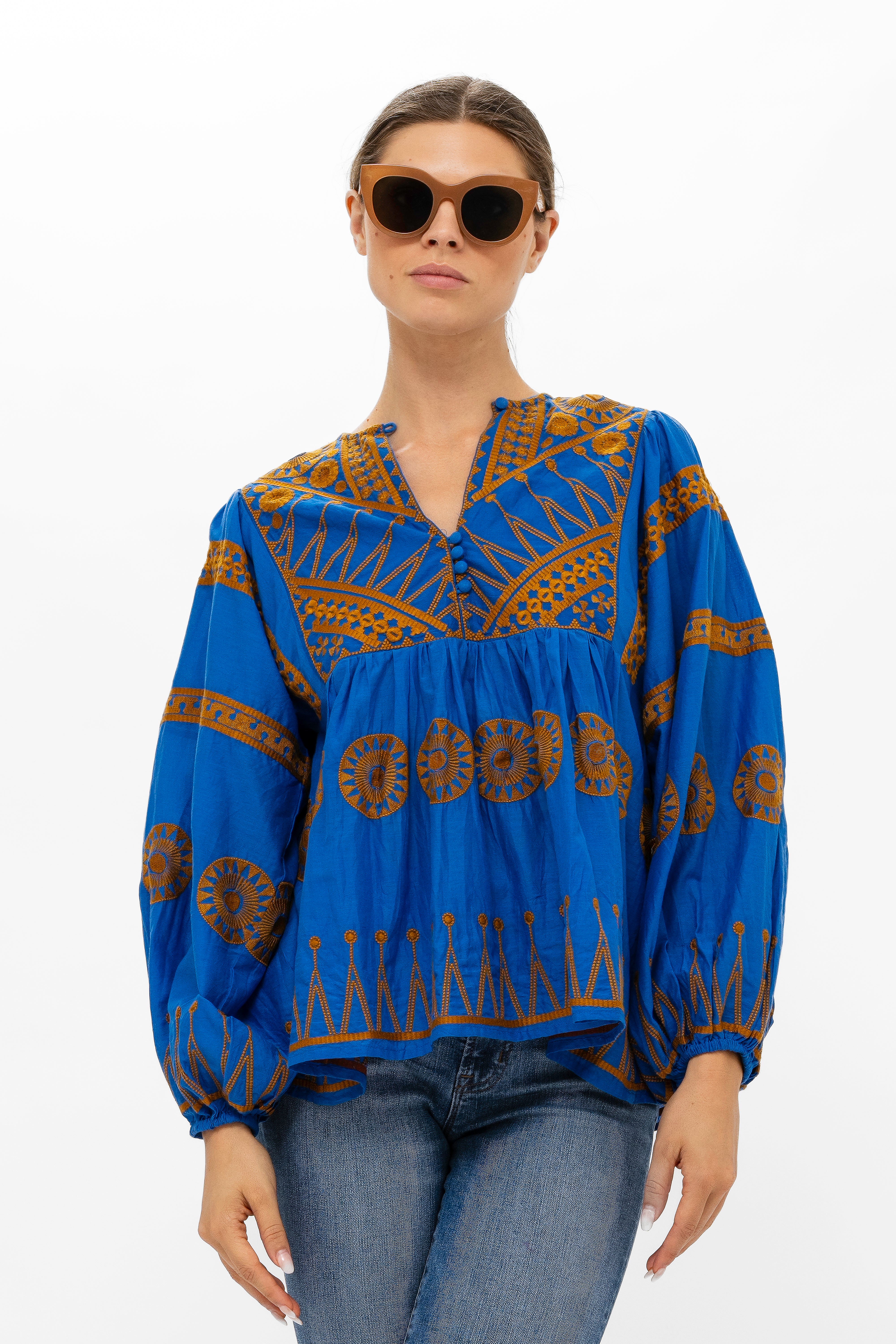 Mandarin Balloon Sleeve Top- Soleil Blue