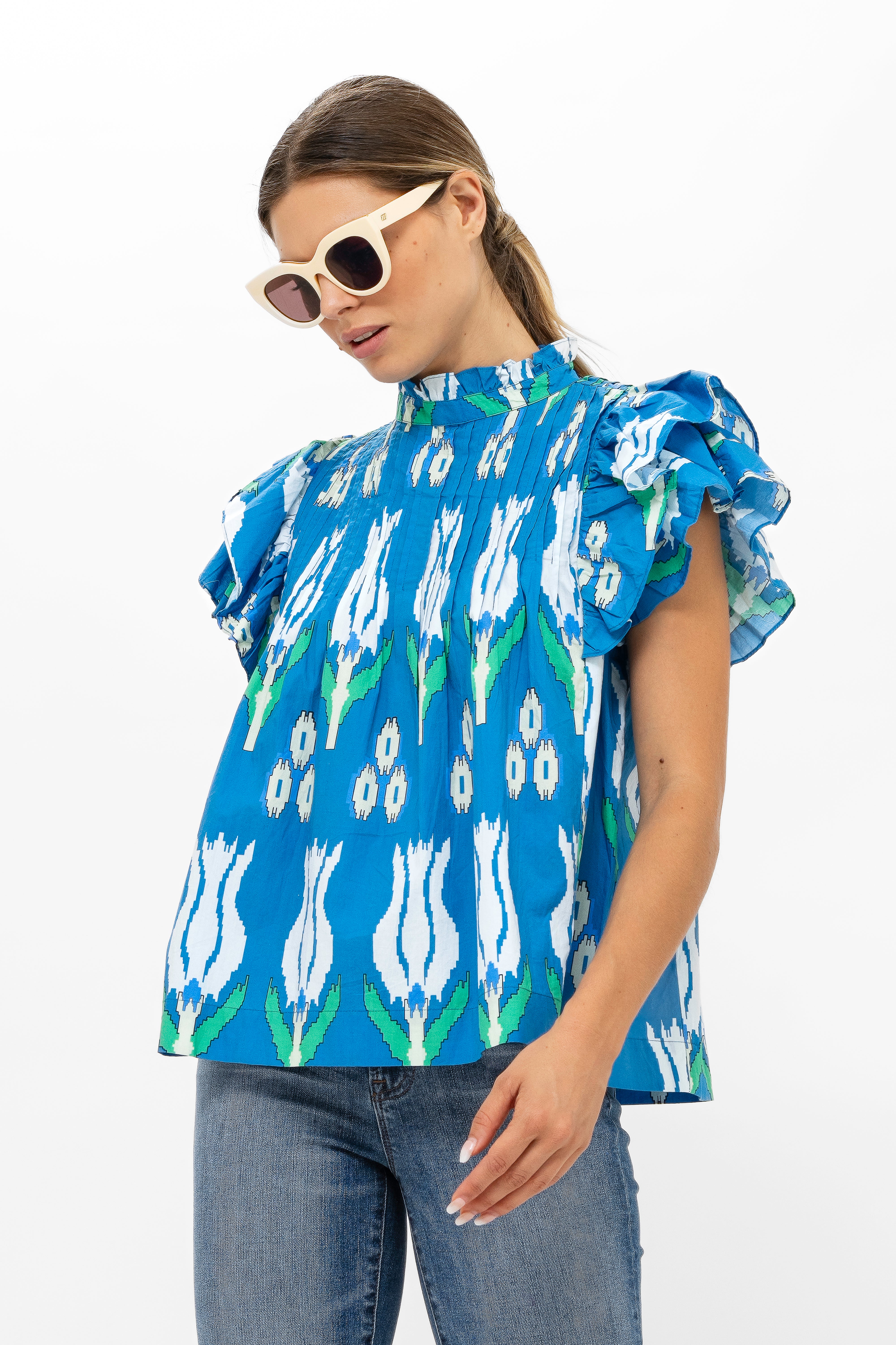 Pintuck Ruffle Top- Sumba Blue