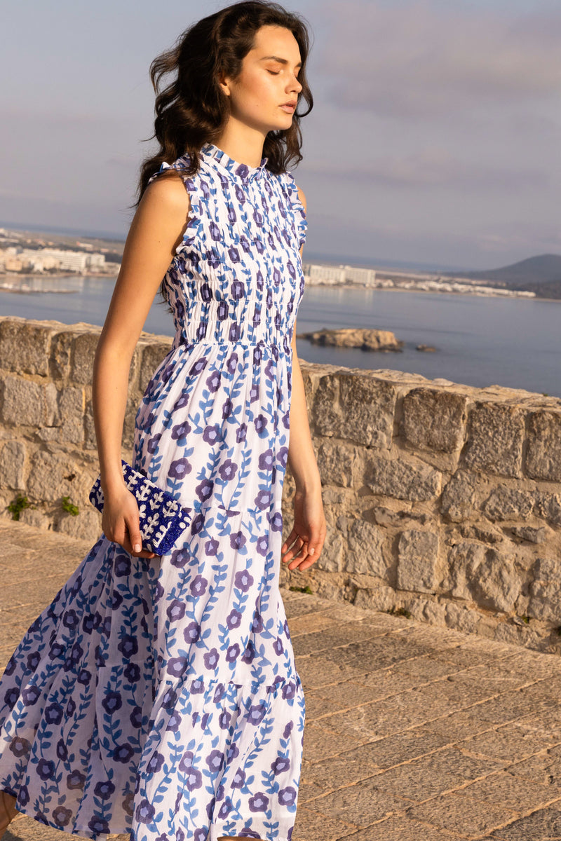 Sleeveless Smocked Maxi- Toscana Blue