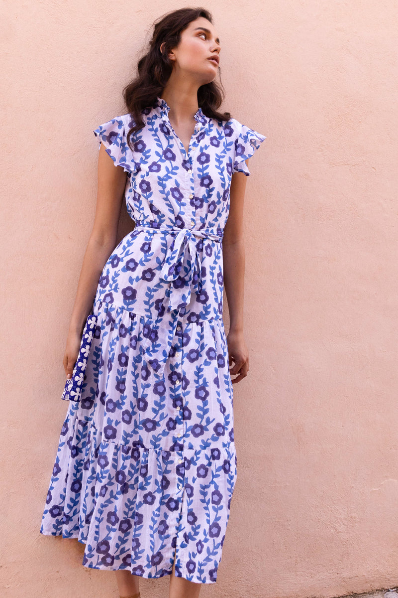 Ruffle Collar Button Maxi- Toscana Blue