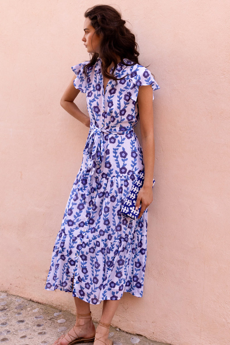Ruffle Collar Button Maxi- Toscana Blue