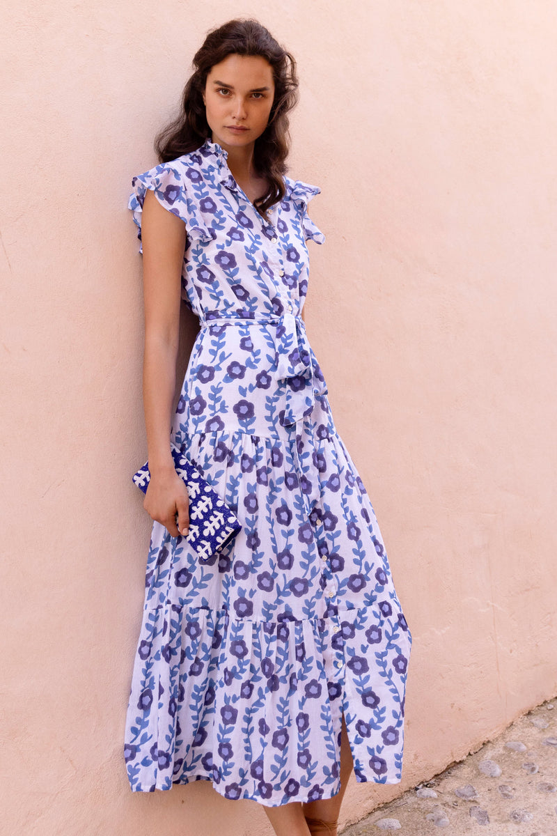 Ruffle Collar Button Maxi- Toscana Blue