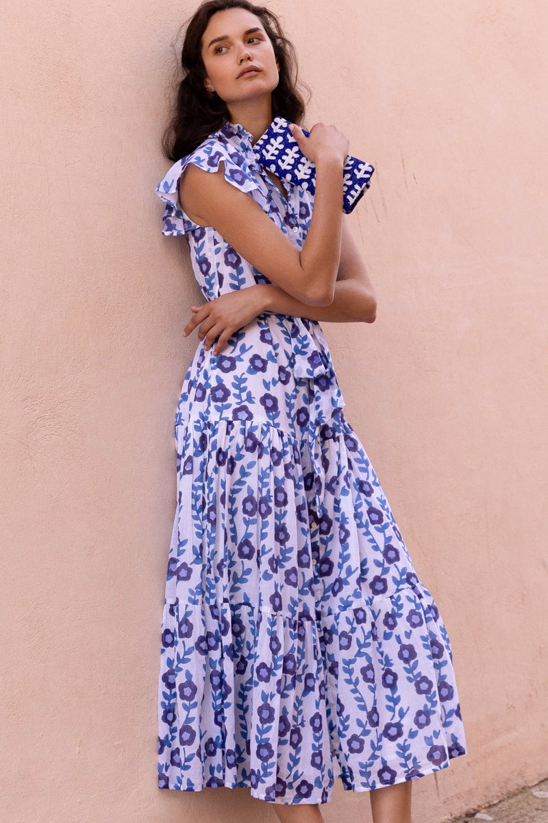 Ruffle Collar Button Maxi- Toscana Blue