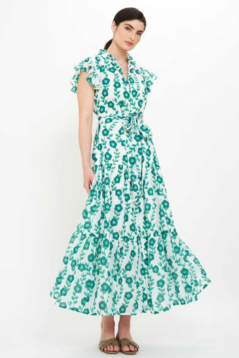 Ruffle Collar Button Maxi- Toscana Green