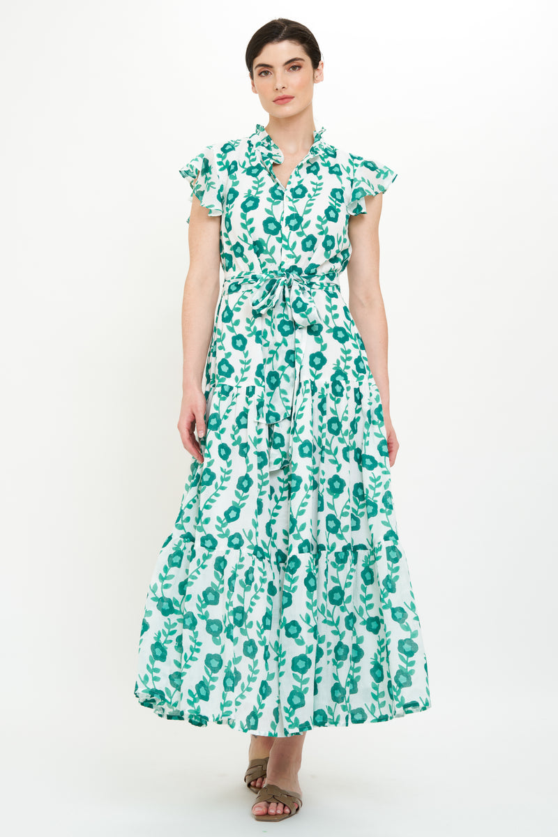 Ruffle Collar Button Maxi- Toscana Green
