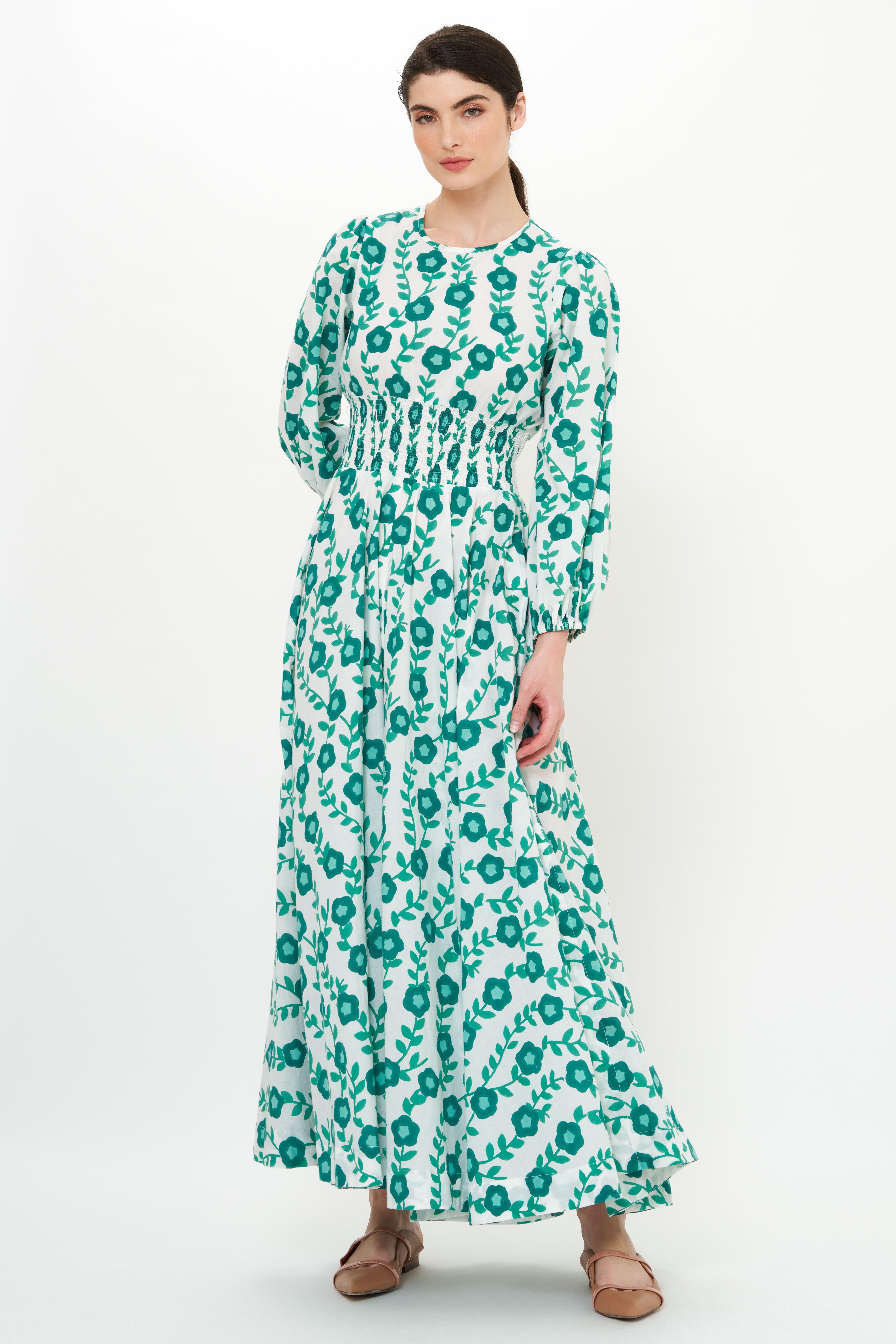 Crew Neck Smocked Waist Maxi- Toscana Green