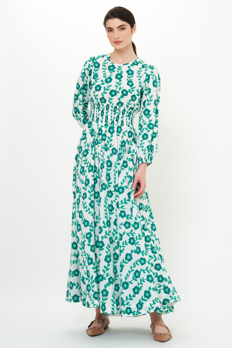 Crew Neck Smocked Waist Maxi- Toscana Green