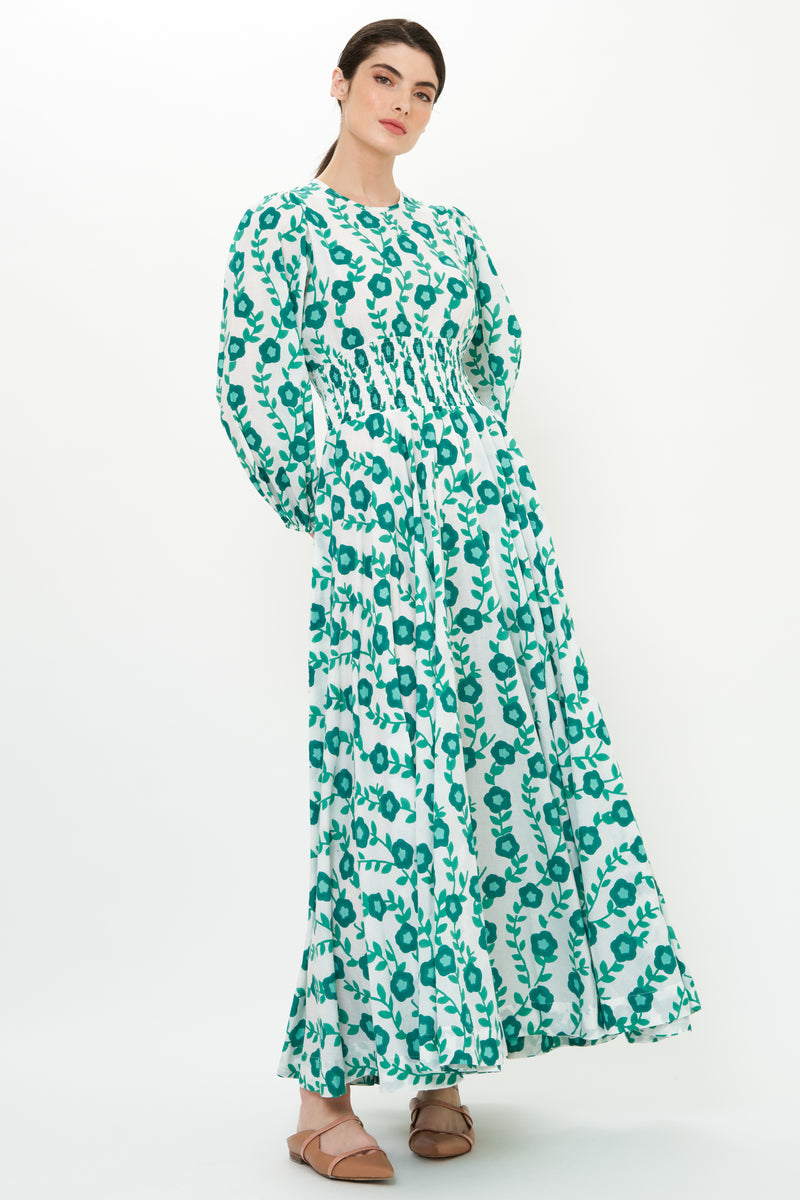 Crew Neck Smocked Waist Maxi- Toscana Green
