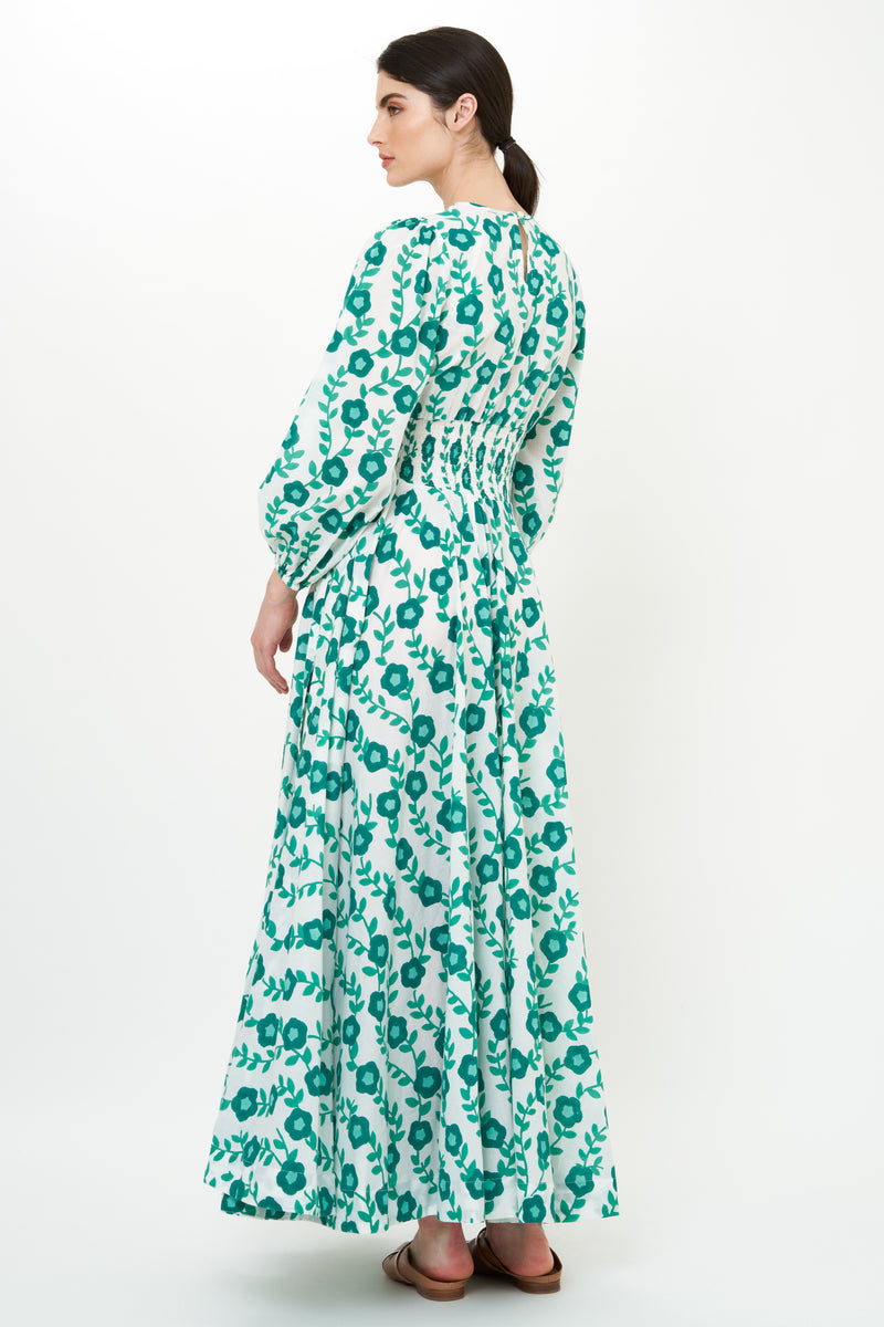 Crew Neck Smocked Waist Maxi- Toscana Green