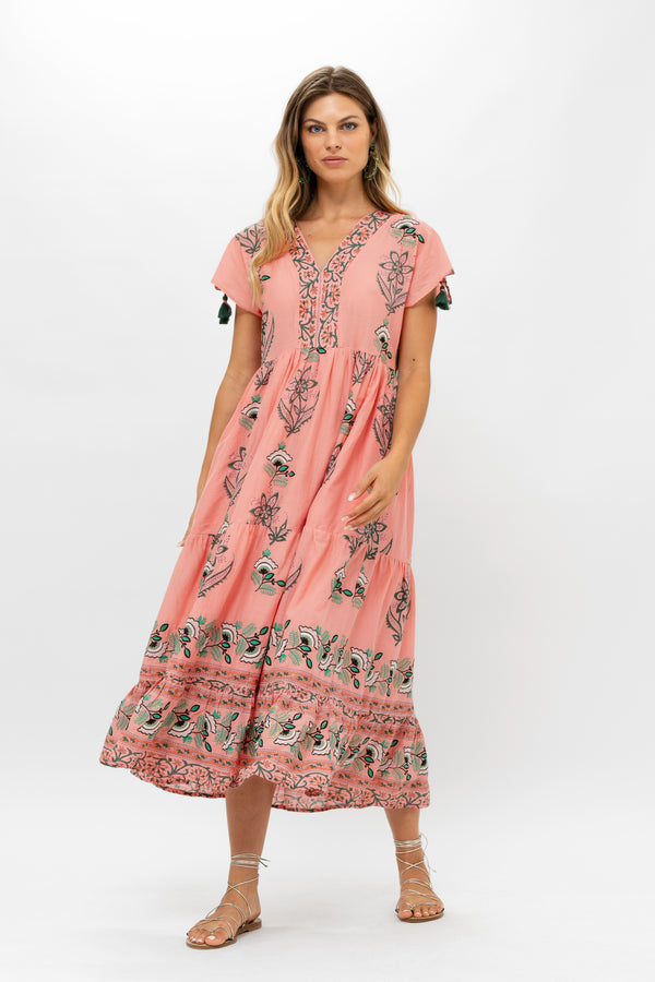 Tie Sleeve Maxi- Udaipur Coral